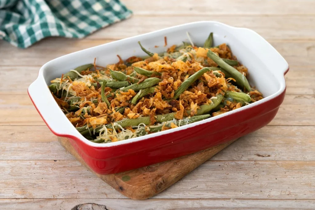 traditional green bean casserole topped with french fried onions cream mushroom wooden table 123827
