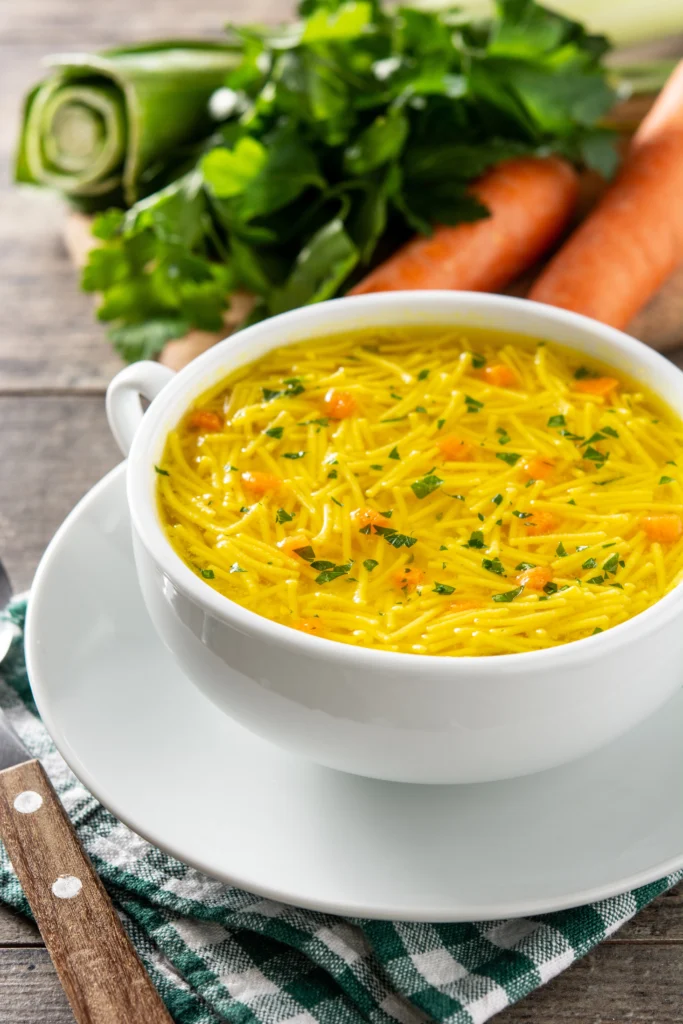 chicken noodle soup white bowl wooden table 1